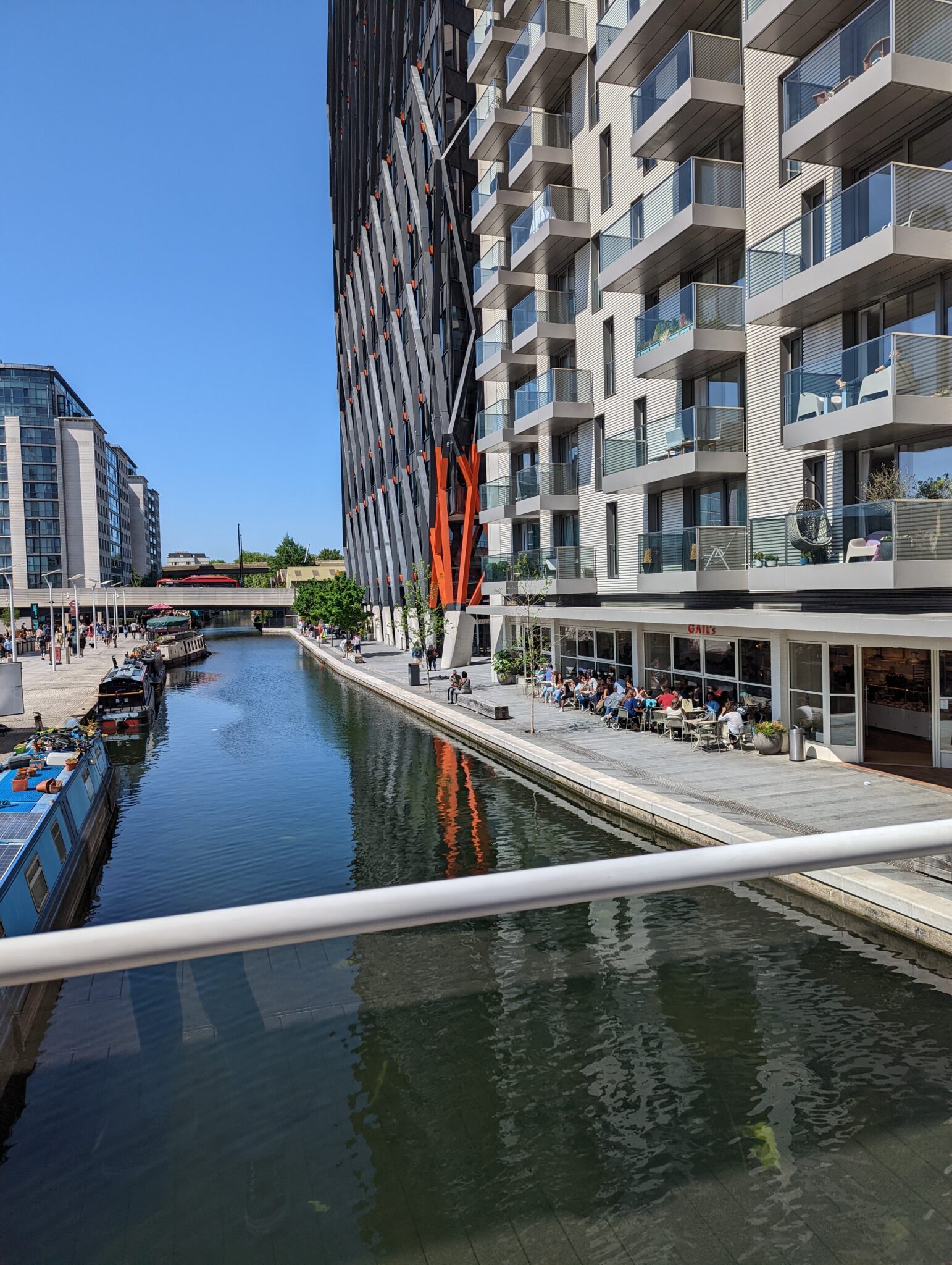 Modern waterside apartments and canal in west London