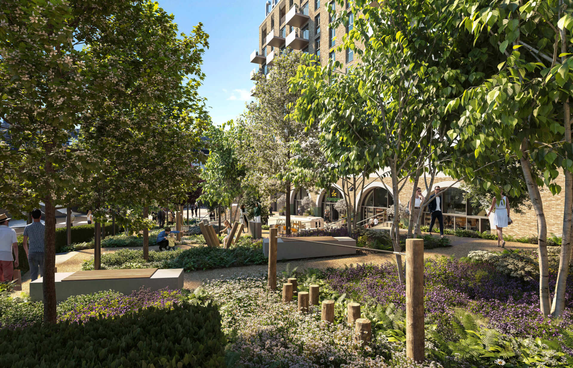 Computer-generated landscaped public space at Camden Goods Yard