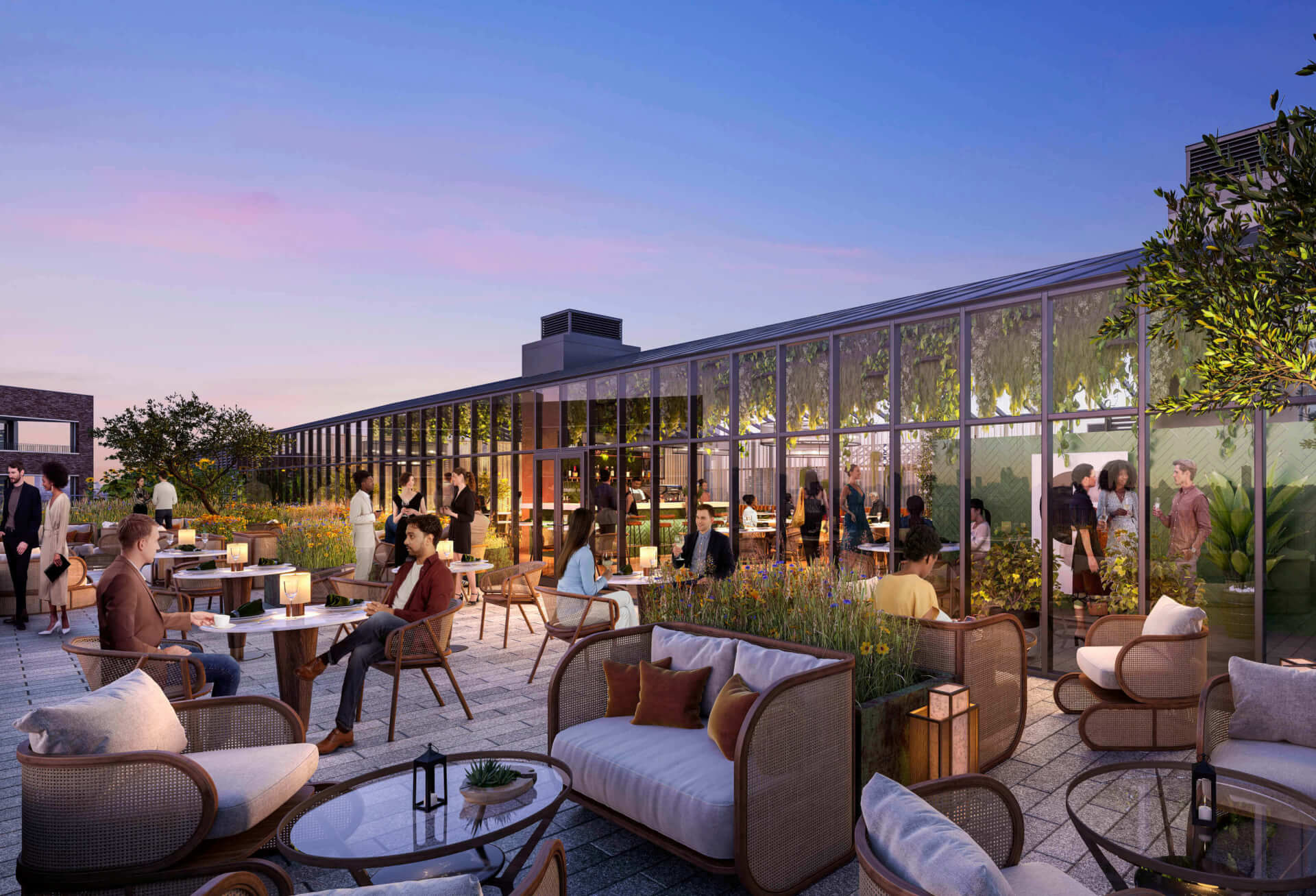 Computer-generated rooftop terrace at The Gallery, Camden Goods Yard