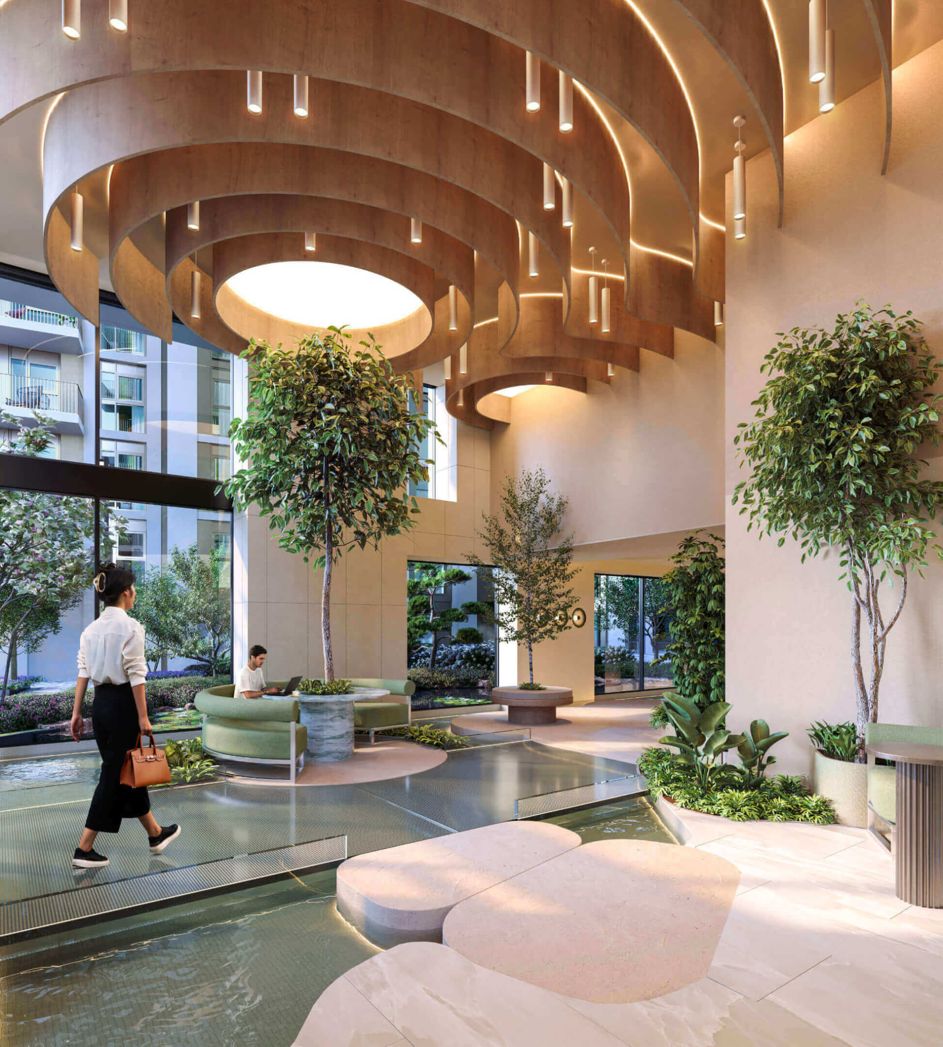 Computer-generated image of the Cascades Island Lounge at White City Living