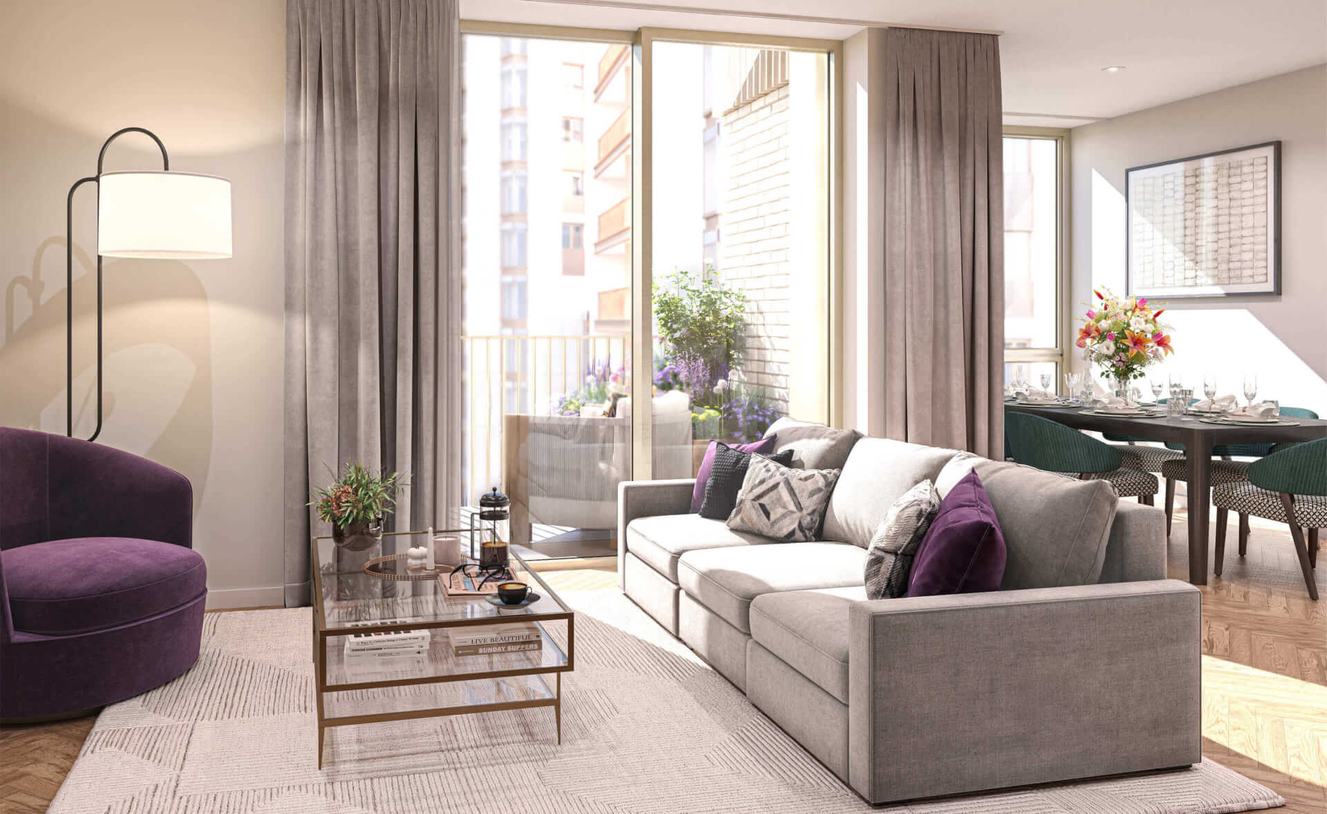 Styled two-bedroom living room in The Charlton at King's Road Park