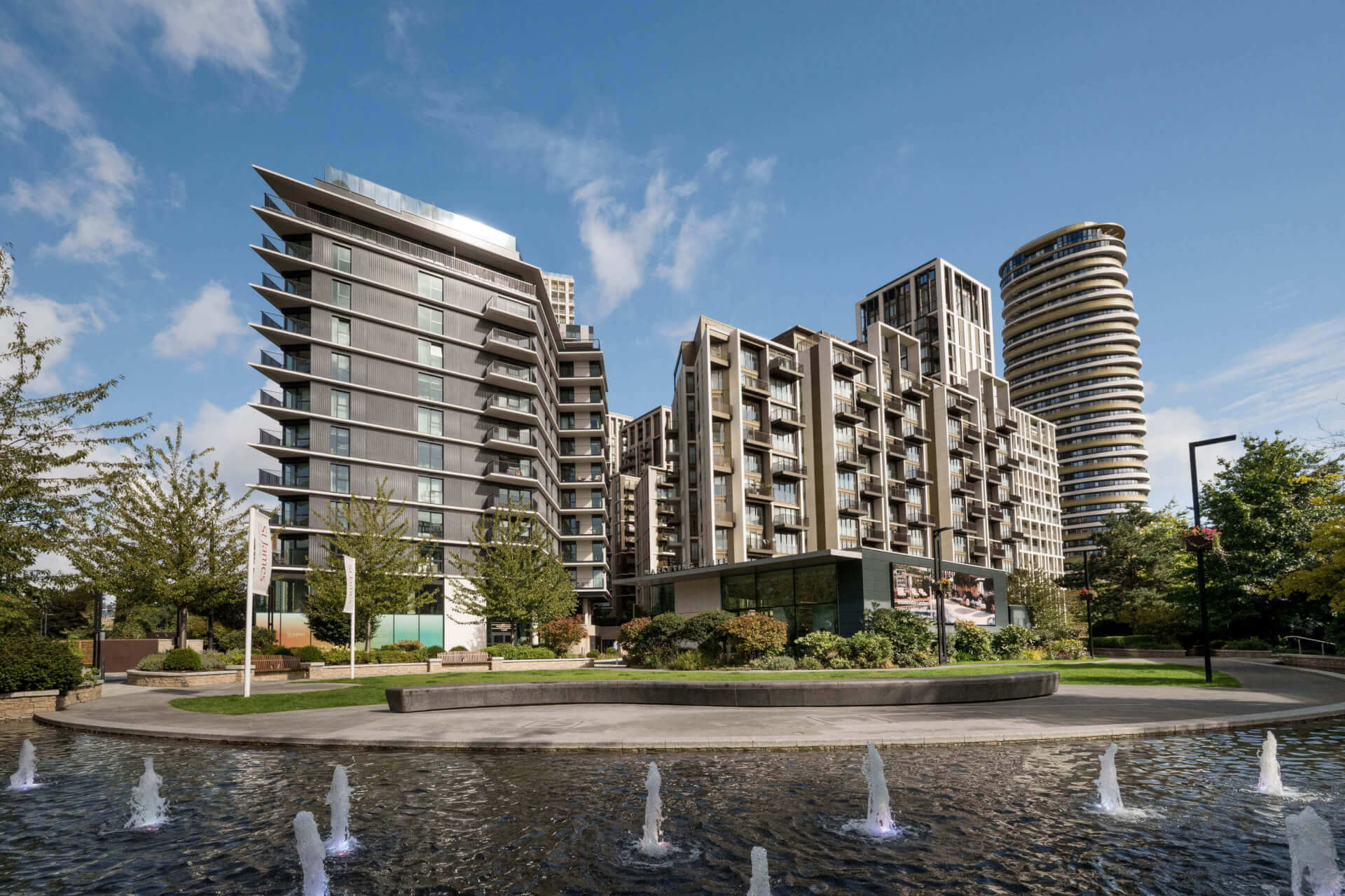 White City Living apartment buildings and landscaped lawn