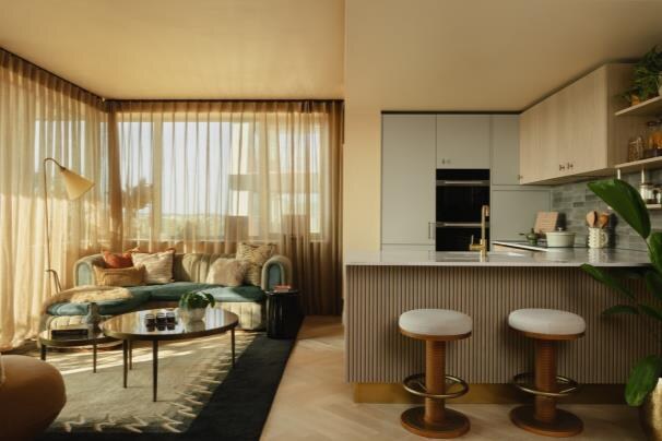 Camden Goods Yard show apartment living room and kitchen