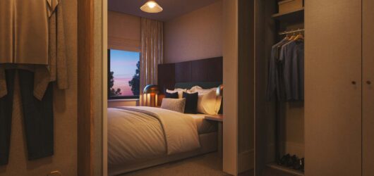 Computer-generated bedroom and dressing area at Trillium