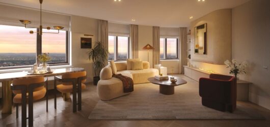 Computer-generated living and dining room interior at Trillium
