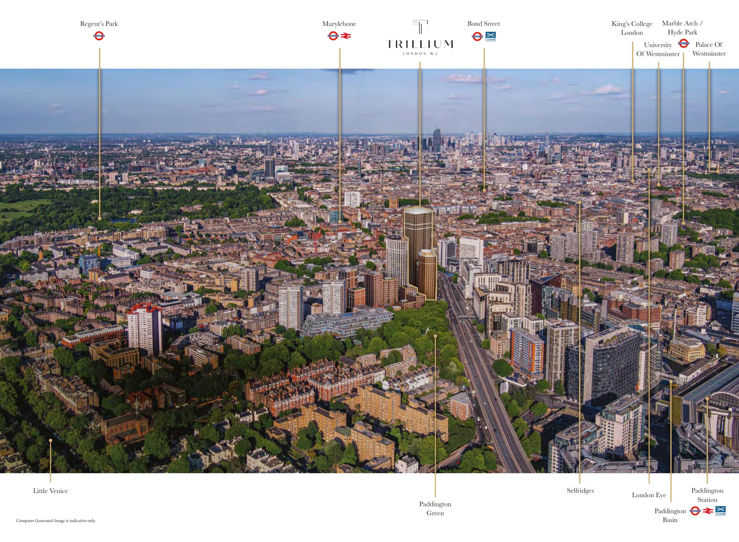 Annotated aerial view showing Trillium in relation to Little Venice, Paddington, Marylebone and central London landmarks